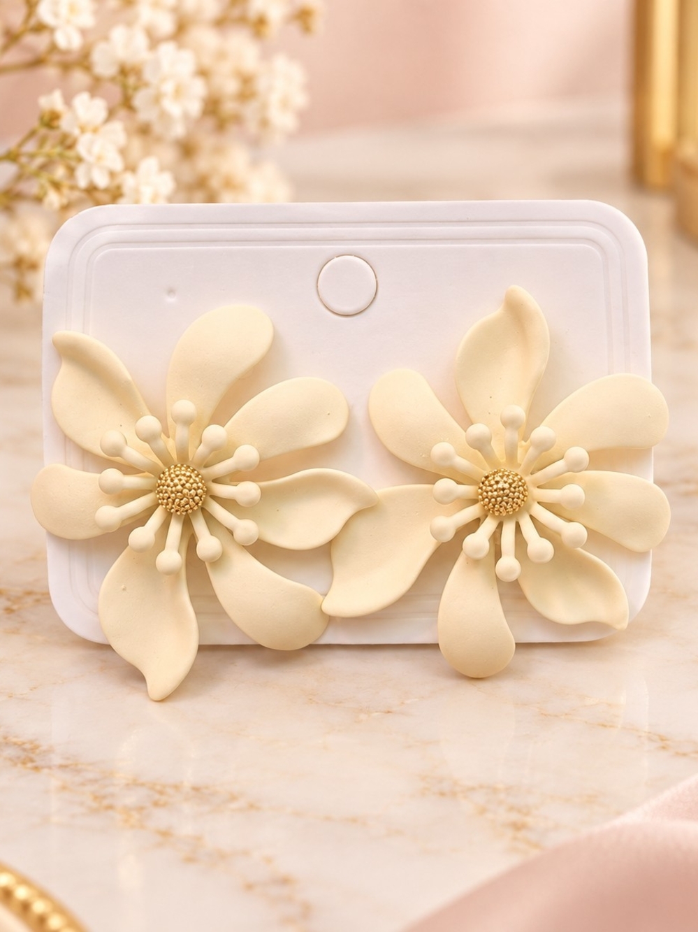 Elegant Cream Floral Statement Earrings - Women Jewelry